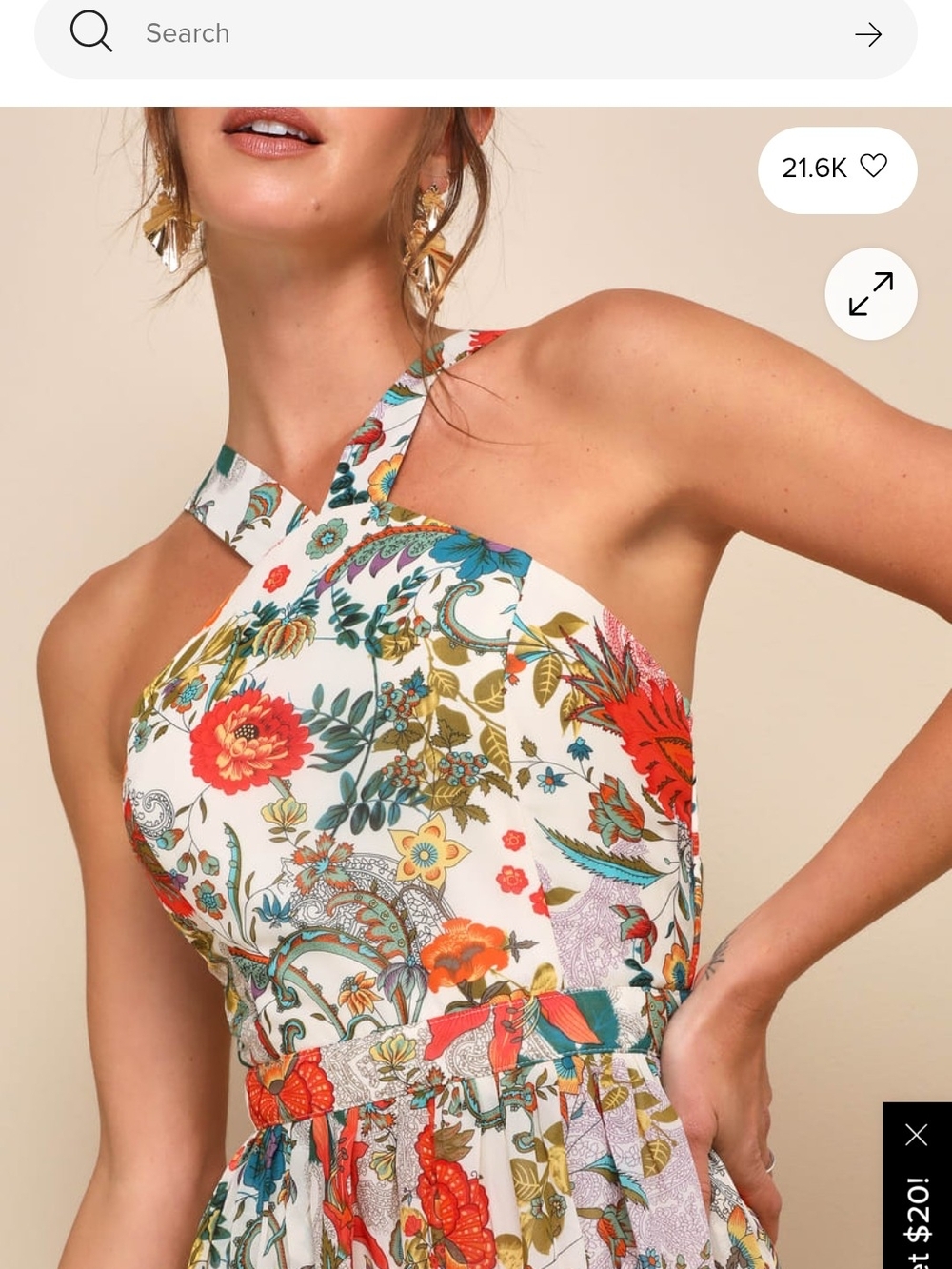 Lulu's Cream Halter Maxi Dress with Red & Green Floral Print - Picture 3 of 5